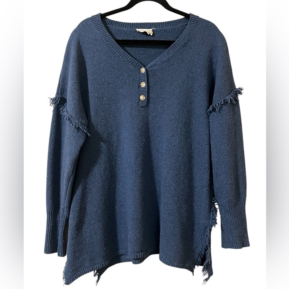 Ninexis blue v-neck long sleeve button detail fringe sweater